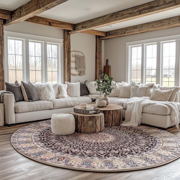 Salon lumineux dans un style rustique avec des poutres en bois, un canapé d'angle confortable et un 